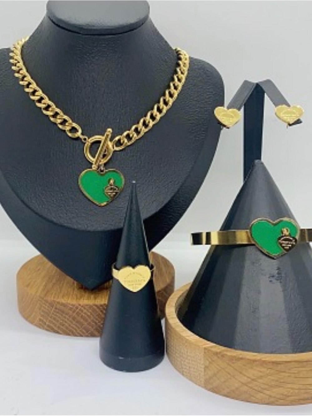 Gold-Tone Heart Pendant Necklace & Bracelet Set with Green Enamel